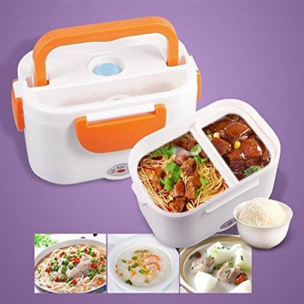 "Open Portable Electric Lunch Box Showing Hot Rice and Vegetables"
