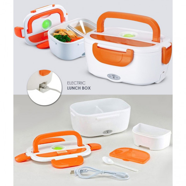 "Portable Electric Lunch Box Connected to Car and USB Charger"
