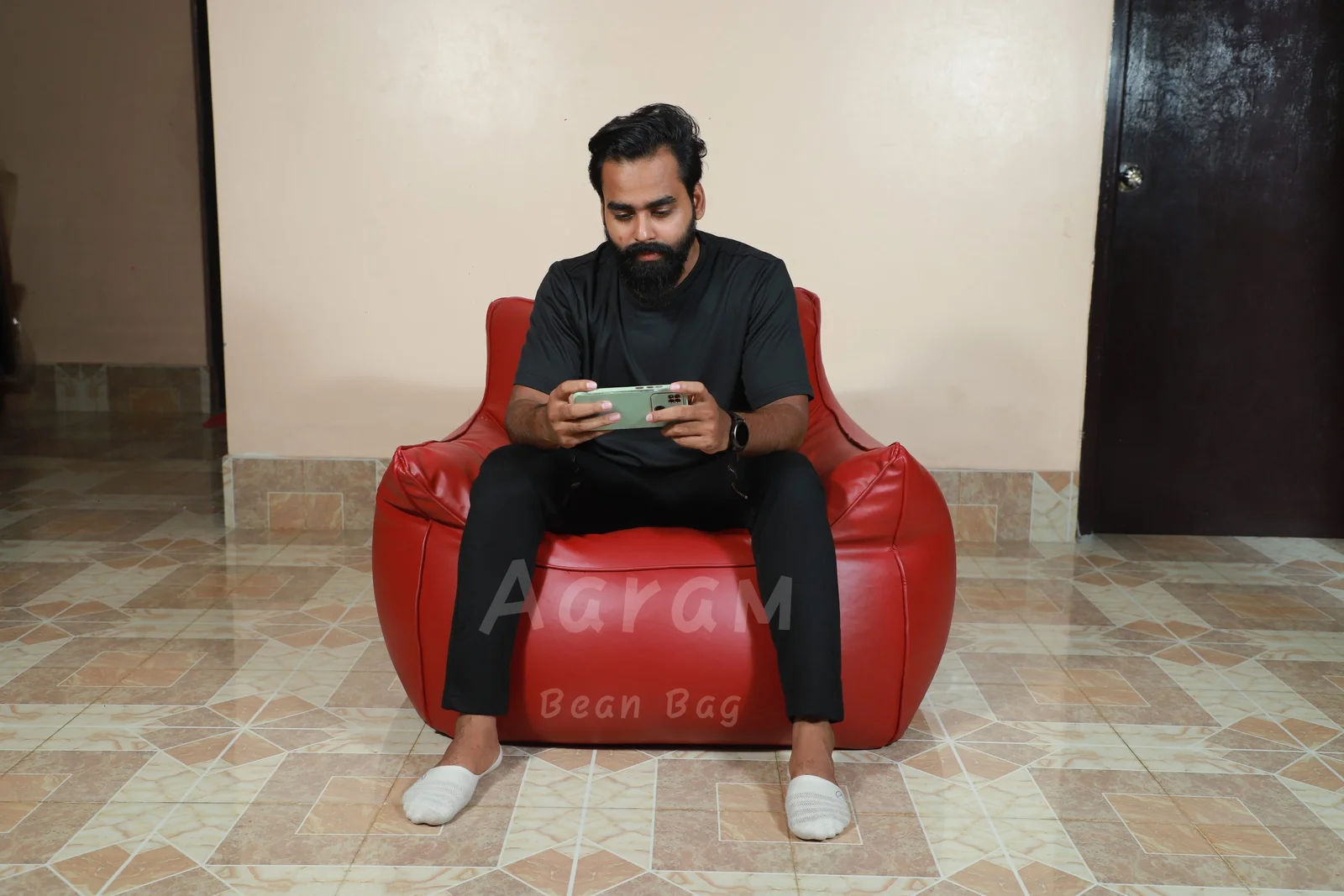 Relaxing on Faux Leather Single Couch Bean Bag – Lifestyle Image