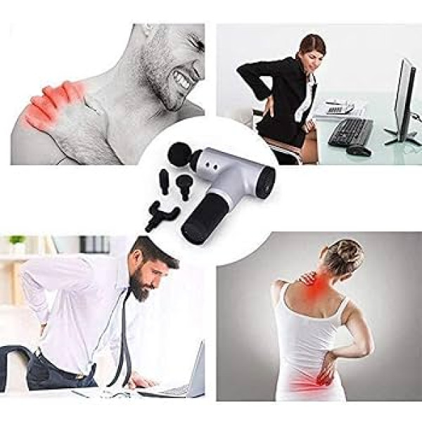 Man using body massage gun on shoulder for pain relief.