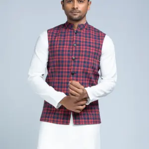 Men’s Red and Navy Blue Check Cotton Coaty Front View