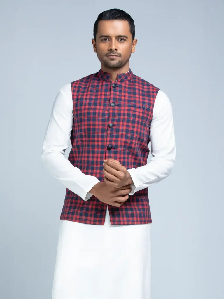 Men’s Red and Navy Blue Check Cotton Coaty Front View