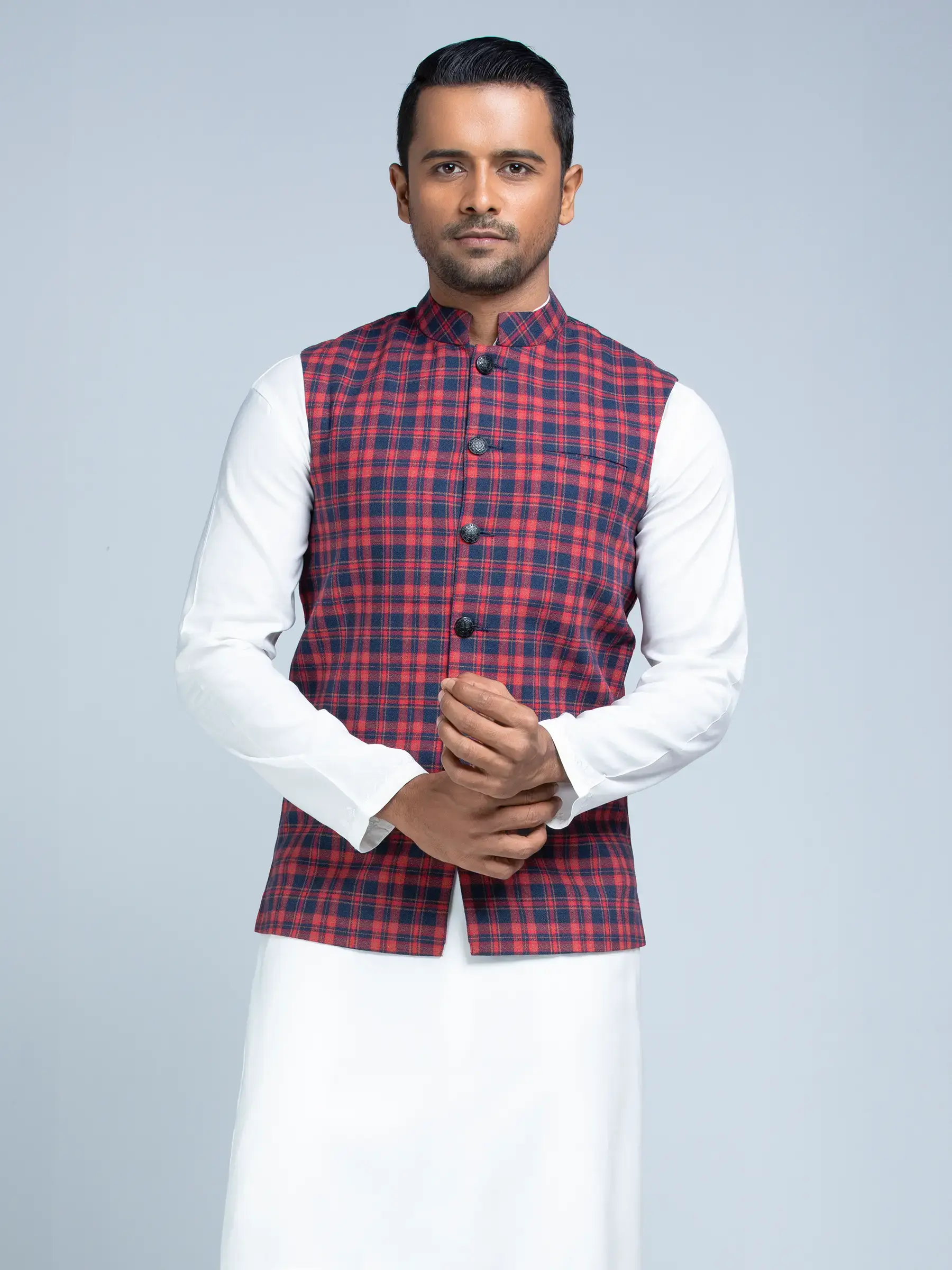 Men’s Red and Navy Blue Check Cotton Coaty Front View